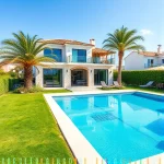 A luxurious cottage in a sunny coastal settlement, modern architecture with large glass windows, white stone facade, terracotta roof, surrounded by well-kept green lawns, palm trees, and a sparkling blue swimming pool, bright sunlight, clear sky, serene and upscale atmosphere, no people visible