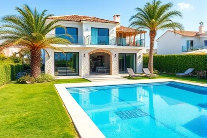 A luxurious cottage in a sunny coastal settlement, modern architecture with large glass windows, white stone facade, terracotta roof, surrounded by well-kept green lawns, palm trees, and a sparkling blue swimming pool, bright sunlight, clear sky, serene and upscale atmosphere, no people visible