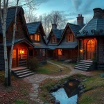 A cozy cottage settlement named 'Russian Idylia' with traditional wooden houses featuring ornate carvings, thatched roofs, and warm golden lighting in the windows; surrounded by birch trees, a small stone path, and a gentle stream reflecting the evening sky; autumn leaves scattered on the ground, smoke rising from chimneys, and a sense of peaceful rural tranquility — no people, no modern objects, no text or signs