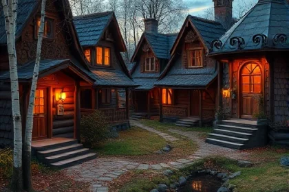 A cozy cottage settlement named 'Russian Idylia' with traditional wooden houses featuring ornate carvings, thatched roofs, and warm golden lighting in the windows; surrounded by birch trees, a small stone path, and a gentle stream reflecting the evening sky; autumn leaves scattered on the ground, smoke rising from chimneys, and a sense of peaceful rural tranquility — no people, no modern objects, no text or signs