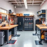 A well-organized workshop interior with functional workspaces, including a sturdy workbench with tools neatly arranged on pegboards, shelves with labeled storage bins, a rolling tool cabinet, adequate overhead lighting, and a clean floor with marked zones for different tasks. The space emphasizes efficiency and ergonomics, with natural light from a window and a subtle industrial aesthetic.