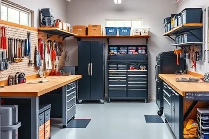 A well-organized workshop interior with functional workspaces, including a sturdy workbench with tools neatly arranged on pegboards, shelves with labeled storage bins, a rolling tool cabinet, adequate overhead lighting, and a clean floor with marked zones for different tasks. The space emphasizes efficiency and ergonomics, with natural light from a window and a subtle industrial aesthetic.