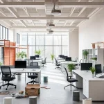 A modern office renovation scene showing a spacious, well-lit workspace with ergonomic furniture, modular desks, built-in storage, a collaborative area, and indoor plants. The setting includes a clean, neutral color palette, natural light from large windows, and subtle, functional design elements such as cable management and adjustable lighting. The focus is on the transformation process, with construction elements like scaffolding, paint cans, and tools visible, but the overall composition rema