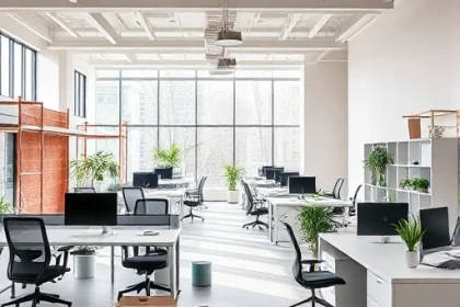 A modern office renovation scene showing a spacious, well-lit workspace with ergonomic furniture, modular desks, built-in storage, a collaborative area, and indoor plants. The setting includes a clean, neutral color palette, natural light from large windows, and subtle, functional design elements such as cable management and adjustable lighting. The focus is on the transformation process, with construction elements like scaffolding, paint cans, and tools visible, but the overall composition rema