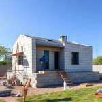 A modern single-story house made of autoclaved aerated concrete blocks under construction, with workers laying blocks, a concrete mixer nearby, and scaffolding; clear blue sky, green grass around the foundation, tools and materials neatly arranged, realistic lighting, no text or signs visible