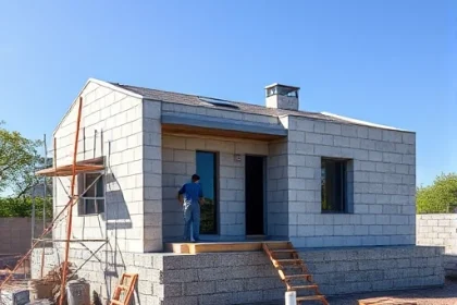 A modern single-story house made of autoclaved aerated concrete blocks under construction, with workers laying blocks, a concrete mixer nearby, and scaffolding; clear blue sky, green grass around the foundation, tools and materials neatly arranged, realistic lighting, no text or signs visible