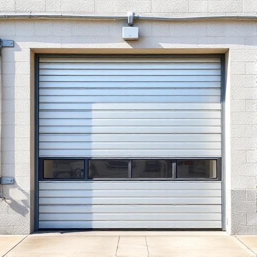 A modern metal garage door with sleek horizontal panels, sturdy frame, and industrial design, shown in a realistic setting with natural lighting, detailed textures, and a clean background