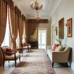 A well-furnished hall with carefully selected textiles, showcasing elegant curtains, upholstered furniture, decorative cushions, and coordinated fabric patterns in a cohesive interior design