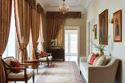 A well-furnished hall with carefully selected textiles, showcasing elegant curtains, upholstered furniture, decorative cushions, and coordinated fabric patterns in a cohesive interior design