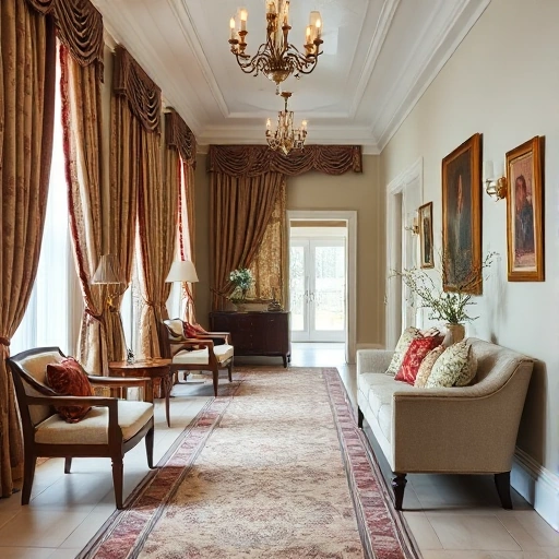 A well-furnished hall with carefully selected textiles, showcasing elegant curtains, upholstered furniture, decorative cushions, and coordinated fabric patterns in a cohesive interior design