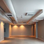 A modern basement interior with finished walls, ceiling, and floor, featuring a visible ventilation system with ducts and air vents installed along the ceiling and walls, warm ambient lighting, clean and organized space, no furniture or people, realistic architectural rendering
