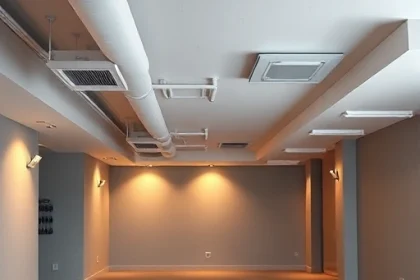 A modern basement interior with finished walls, ceiling, and floor, featuring a visible ventilation system with ducts and air vents installed along the ceiling and walls, warm ambient lighting, clean and organized space, no furniture or people, realistic architectural rendering