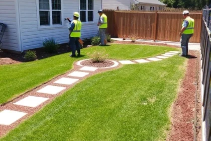 A residential house with a newly landscaped yard: a tidy lawn, a small flower bed with colorful plants, a stone pathway leading to the front door, a wooden fence, and a few construction workers in safety vests using tools to repair the surrounding area. The scene shows a clean, organized environment with subtle landscaping details and a bright, sunny sky.