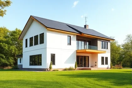 A modern residential house built with SIP panels, showing clean geometric lines, large windows, and a sloped roof, surrounded by a green lawn and trees under a clear sky, emphasizing energy efficiency and fast construction
