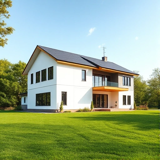 A modern residential house built with SIP panels, showing clean geometric lines, large windows, and a sloped roof, surrounded by a green lawn and trees under a clear sky, emphasizing energy efficiency and fast construction