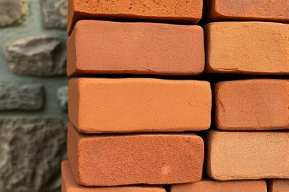 A close-up of a stack of handmade clay bricks, each with a slightly uneven, earthy texture, arranged in a way that suggests they are being laid for a traditional stove. The bricks should be warm-toned, with subtle variations in color from light brown to deep reddish-brown, and a faint glaze sheen. The background should be a muted, rustic stone wall, with soft natural lighting highlighting the bricks' surface details.