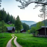 A peaceful cottage settlement named 'Zelyonaya Dolina' nestled in a lush green valley, with wooden cottages featuring sloped roofs and stone foundations, surrounded by tall pine and birch trees, a winding dirt path, wildflowers in the meadow, soft morning light filtering through the canopy, distant mountains faintly visible under a pale blue sky, no people, no vehicles, no signs of modern infrastructure, serene and untouched natural atmosphere