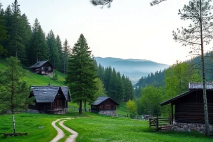 A peaceful cottage settlement named 'Zelyonaya Dolina' nestled in a lush green valley, with wooden cottages featuring sloped roofs and stone foundations, surrounded by tall pine and birch trees, a winding dirt path, wildflowers in the meadow, soft morning light filtering through the canopy, distant mountains faintly visible under a pale blue sky, no people, no vehicles, no signs of modern infrastructure, serene and untouched natural atmosphere