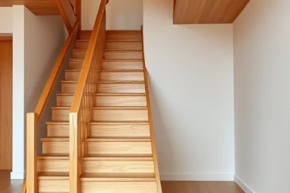 A modern wooden staircase with natural wood treads and handrails, warm lighting, minimalist interior design, high detail, realistic textures, no people, no furniture, focus on craftsmanship and wood grain
