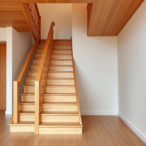 A modern wooden staircase with natural wood treads and handrails, warm lighting, minimalist interior design, high detail, realistic textures, no people, no furniture, focus on craftsmanship and wood grain
