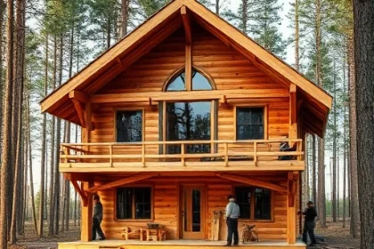 A wooden house under construction in a forest clearing, showing natural timber beams, hand-hewn logs, and craftsmen working with traditional tools, surrounded by pine trees and soft morning light, emphasizing warmth, craftsmanship, and harmony with nature