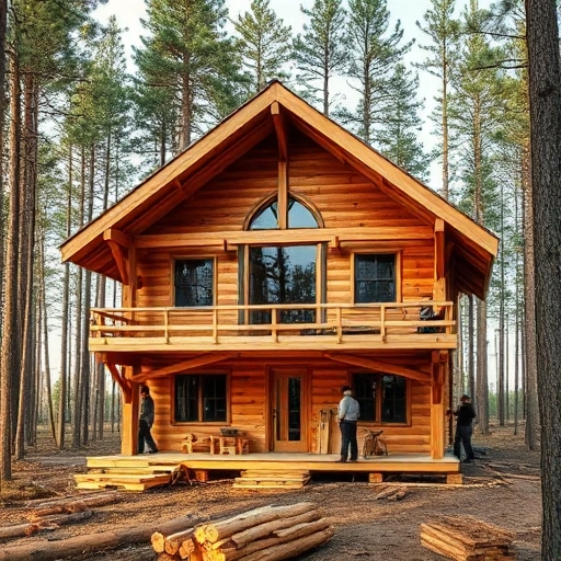 A wooden house under construction in a forest clearing, showing natural timber beams, hand-hewn logs, and craftsmen working with traditional tools, surrounded by pine trees and soft morning light, emphasizing warmth, craftsmanship, and harmony with nature