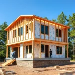 A modern frame house under construction with wooden beams, insulation panels, and workers assembling the structure on a clear day, surrounded by green trees and a partially laid foundation, emphasizing functionality and contemporary design