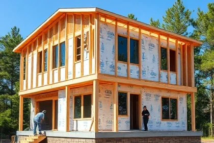A modern frame house under construction with wooden beams, insulation panels, and workers assembling the structure on a clear day, surrounded by green trees and a partially laid foundation, emphasizing functionality and contemporary design