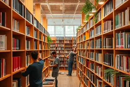 A library under renovation with bookshelves being decorated, showing workers installing wooden shelves, arranging books, and adding decorative elements like plants and soft lighting, interior design focus, warm colors, detailed craftsmanship