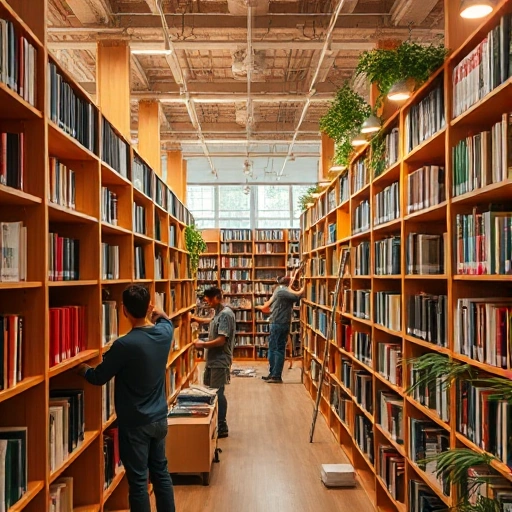 A library under renovation with bookshelves being decorated, showing workers installing wooden shelves, arranging books, and adding decorative elements like plants and soft lighting, interior design focus, warm colors, detailed craftsmanship