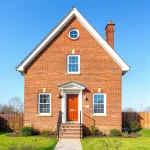 A classic brick house with a gabled roof, symmetrical windows, a wooden front door, and a small garden with green grass and shrubs, under a clear blue sky, realistic architectural style, high detail, natural lighting