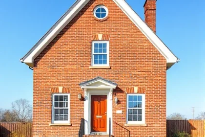 A classic brick house with a gabled roof, symmetrical windows, a wooden front door, and a small garden with green grass and shrubs, under a clear blue sky, realistic architectural style, high detail, natural lighting
