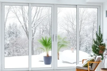 A modern winter garden featuring large PVC windows with clear glass panes, allowing natural light to illuminate the interior space. The windows have sleek white frames and are shown in a snowy outdoor setting with frost on the glass. Inside, there are green plants and comfortable seating, creating a cozy atmosphere. The scene is bright, clean, and realistic, emphasizing the functionality and aesthetic of PVC windows in a winter garden context.