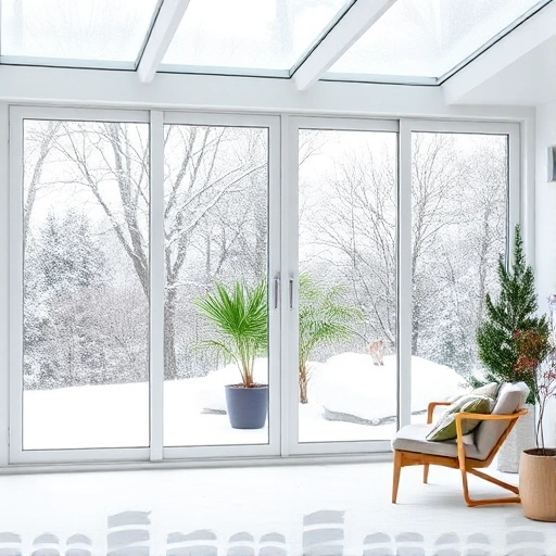 A modern winter garden featuring large PVC windows with clear glass panes, allowing natural light to illuminate the interior space. The windows have sleek white frames and are shown in a snowy outdoor setting with frost on the glass. Inside, there are green plants and comfortable seating, creating a cozy atmosphere. The scene is bright, clean, and realistic, emphasizing the functionality and aesthetic of PVC windows in a winter garden context.