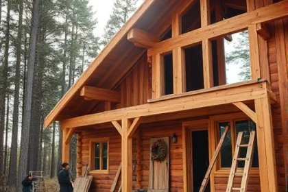 A cozy wooden house under construction, showing natural timber beams and planks being assembled by craftsmen, surrounded by a forest setting with soft sunlight filtering through trees, emphasizing the natural beauty and durability of wood as a building material, warm earthy tones, detailed wood grain textures, traditional joinery visible, no modern machinery in focus, peaceful and authentic atmosphere