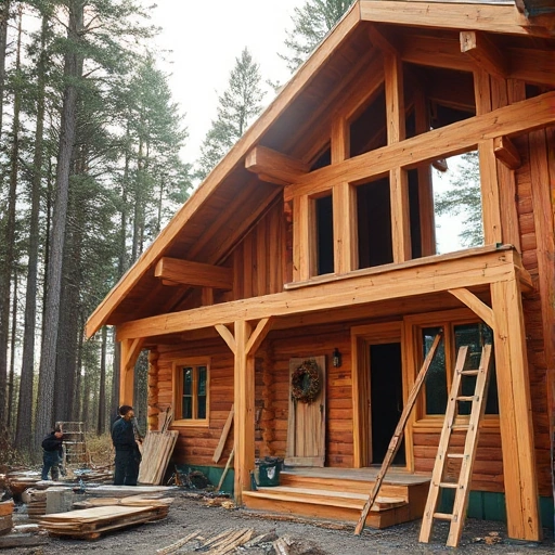A cozy wooden house under construction, showing natural timber beams and planks being assembled by craftsmen, surrounded by a forest setting with soft sunlight filtering through trees, emphasizing the natural beauty and durability of wood as a building material, warm earthy tones, detailed wood grain textures, traditional joinery visible, no modern machinery in focus, peaceful and authentic atmosphere