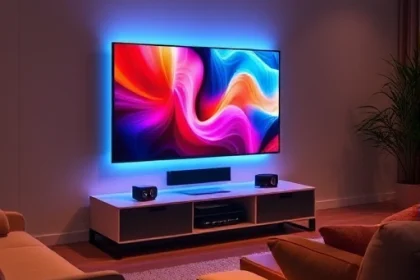 A modern living room with a sleek flat-screen TV displaying vibrant, colorful content, enhanced by a subtle ambient lighting effect from a small, stylish device placed beside the TV labeled 'TVIColor' — the device emits soft, dynamic color washes that harmonize with the on-screen imagery, creating an immersive viewing experience; the room features minimalist furniture, warm wood tones, and soft shadows, emphasizing the TV and TVIColor as the focal point
