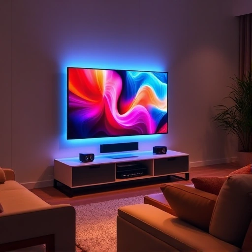 A modern living room with a sleek flat-screen TV displaying vibrant, colorful content, enhanced by a subtle ambient lighting effect from a small, stylish device placed beside the TV labeled 'TVIColor' — the device emits soft, dynamic color washes that harmonize with the on-screen imagery, creating an immersive viewing experience; the room features minimalist furniture, warm wood tones, and soft shadows, emphasizing the TV and TVIColor as the focal point