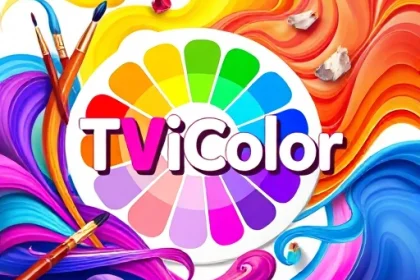 A vibrant, modern digital illustration showcasing a colorful palette with the text 'TVIColor' integrated artistically, surrounded by creative tools like paintbrushes, digital tablets, and swirling color waves, symbolizing artistic transformation, clean and dynamic composition