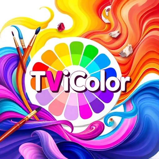 A vibrant, modern digital illustration showcasing a colorful palette with the text 'TVIColor' integrated artistically, surrounded by creative tools like paintbrushes, digital tablets, and swirling color waves, symbolizing artistic transformation, clean and dynamic composition