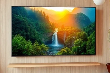 A modern, high-resolution television screen displaying a vibrant, cinematic nature scene with lush green forests, crystal-clear waterfalls, and golden-hour sunlight filtering through misty mountains, ultra-detailed, 8K realism, sleek minimalist TV frame with thin bezels, mounted on a light wood wall in a contemporary living room, soft ambient lighting, no reflections or glare on screen, photorealistic