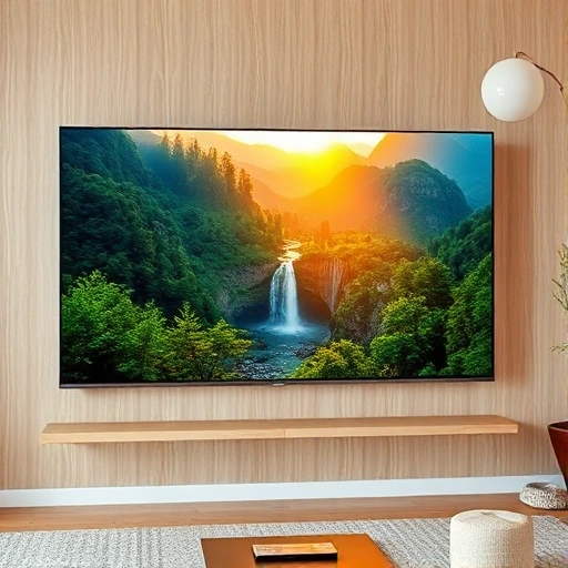 A modern, high-resolution television screen displaying a vibrant, cinematic nature scene with lush green forests, crystal-clear waterfalls, and golden-hour sunlight filtering through misty mountains, ultra-detailed, 8K realism, sleek minimalist TV frame with thin bezels, mounted on a light wood wall in a contemporary living room, soft ambient lighting, no reflections or glare on screen, photorealistic