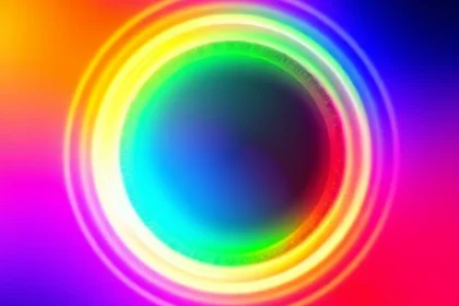 An abstract artistic representation of color theory in television display technology, featuring vibrant RGB light waves blending into a smooth gradient spectrum, subtle pixel patterns forming a circular mandala-like structure, soft glowing edges, and a futuristic yet minimalist aesthetic with no text or labels