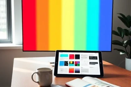 A modern, minimalist design studio workspace with a large screen displaying vibrant color palettes, a sleek tablet showing UI/UX mockups, a coffee mug, and a notebook with hand-drawn color swatches. Soft natural light from a window illuminates a wooden desk with subtle geometric patterns. The atmosphere is calm, creative, and professional — emphasizing thoughtful design and color theory.
