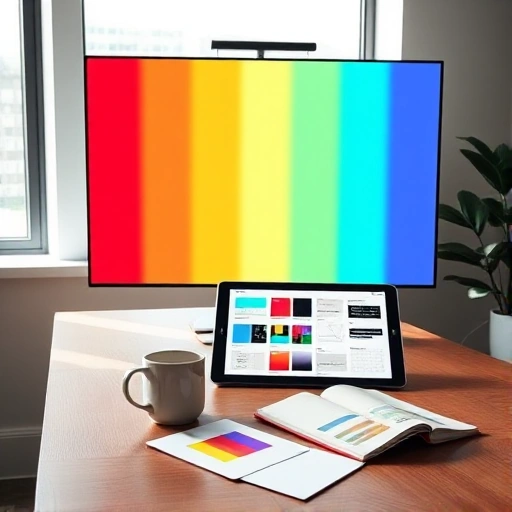 A modern, minimalist design studio workspace with a large screen displaying vibrant color palettes, a sleek tablet showing UI/UX mockups, a coffee mug, and a notebook with hand-drawn color swatches. Soft natural light from a window illuminates a wooden desk with subtle geometric patterns. The atmosphere is calm, creative, and professional — emphasizing thoughtful design and color theory.