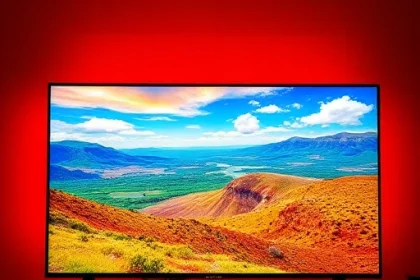 A vivid, high-contrast television screen displaying a dynamic, colorful landscape that illustrates the concept of ultimate visual enhancement, with bright, saturated hues and sharp details, no visible text or lettering, no human figures, no logos, no symbols, no numbers, no faces, no text overlays, no watermarks, no background clutter, no abstract shapes, no stylized characters, no text, no letters, no digits, no text elements