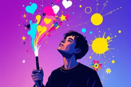 A vibrant, abstract illustration of a person holding a glowing paintbrush that emits colorful light trails forming shapes like stars, hearts, and geometric patterns in mid-air, surrounded by floating paint splatters in cyan, magenta, yellow, and white, with a soft gradient background transitioning from deep purple to electric blue, evoking a sense of limitless creative energy and digital artistry