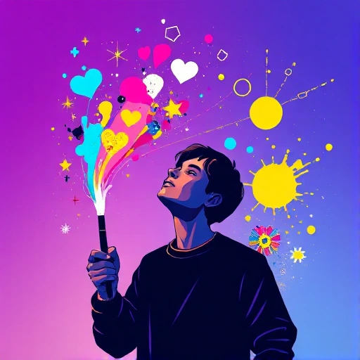 A vibrant, abstract illustration of a person holding a glowing paintbrush that emits colorful light trails forming shapes like stars, hearts, and geometric patterns in mid-air, surrounded by floating paint splatters in cyan, magenta, yellow, and white, with a soft gradient background transitioning from deep purple to electric blue, evoking a sense of limitless creative energy and digital artistry