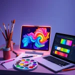 A vibrant digital illustration of an artist's workspace featuring a glowing tablet displaying colorful digital art, surrounded by paintbrushes, a palette with mixed pigments, and a laptop showing the TVIColor interface with intuitive color sliders and swatches, all rendered in a clean, modern, high-detail style with soft lighting and a focus on creativity and precision