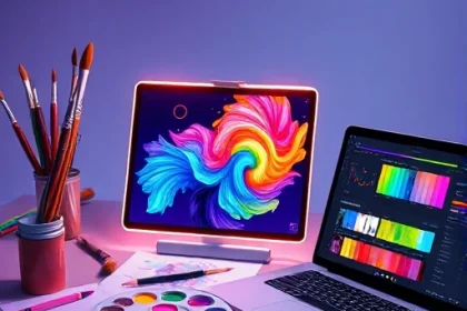 A vibrant digital illustration of an artist's workspace featuring a glowing tablet displaying colorful digital art, surrounded by paintbrushes, a palette with mixed pigments, and a laptop showing the TVIColor interface with intuitive color sliders and swatches, all rendered in a clean, modern, high-detail style with soft lighting and a focus on creativity and precision